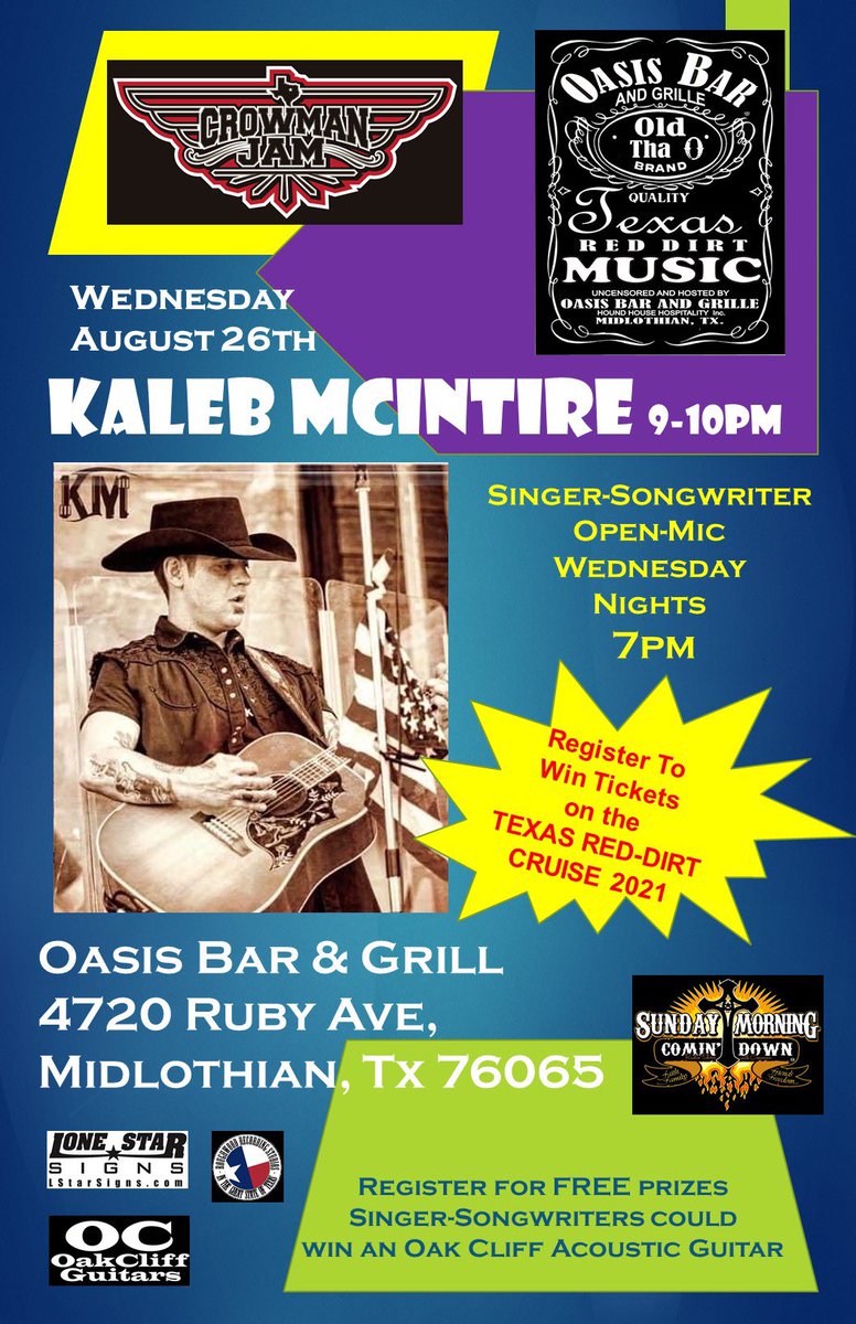 Come out to the Crowman jam this Wednesday @ “The Oasis Bar n Grill” In Midlothian, TX. Gonna tell some stories and pick y’all some tunes. #livemusic #acoustic #crowmanjam #songwriters #texascountrymusic #kalebmcintire #theoasis