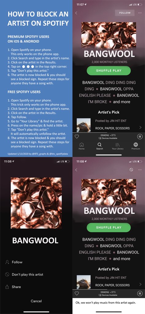 BTS_graphs's tweet photo. How to block an artist on Spotify 
@BTS_twt https://t.co/l7xTrBsxG3