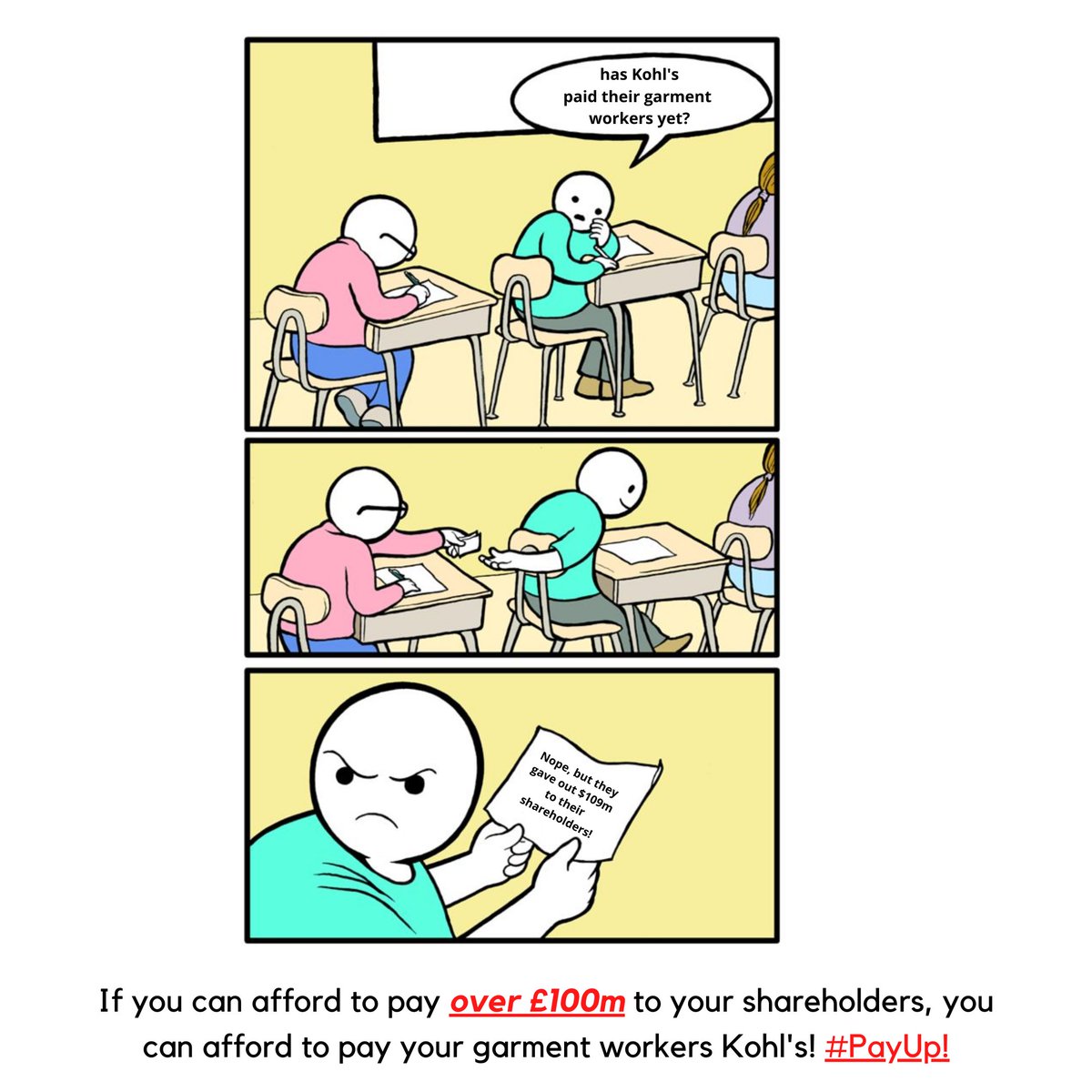 cleanclothes's tweet image. Why pay your workers what they are owed if you can give it to shareholders instead? These are choices made by companies in our economic system. @Kohls, it's unacceptable to fill the pockets of your shareholders with the money withheld from the workers making your clothes. #PayUp