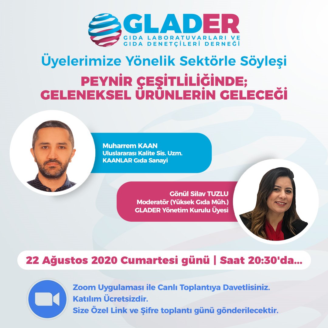 Online ve #GLADER Yön. Krl. Üyesi <a href="/gonulslv/">Gönül Silav Tuzlu</a> moderatörlüğünde; Üyelerimize ve Tüketicilere yönelik düzenlediğimiz "GELENEKSEL PEYNİR ÇEŞİTLİLİĞİ VE GELECEĞİ İLE PEYNİRDEKİ ÇALIŞMALARINI" anlatan kaanlar.com.tr Sat. Al. Drk. M. Kaan Bey'e <a href="/gidalabden/">GIDA LABORATUVARLARI VE GIDA DENETÇİLERİ DERNEĞİ</a> adına Teşekkür ederiz.