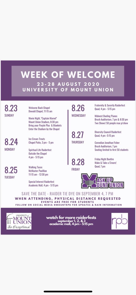 studentsenateMU's tweet photo. WELCOME BACK RAIDERS!!!!💜Remember to physically distance during Week of Welcome Events! Are you interested in joining or learning more about Student Senate? Stop by our booth at RaiderFest on Tuesday from 4:00-5:15PM & grab STICKERS😊#RaiderFest #GetInvolved #MaskUpMountUnion https://t.co/IldfTThj28