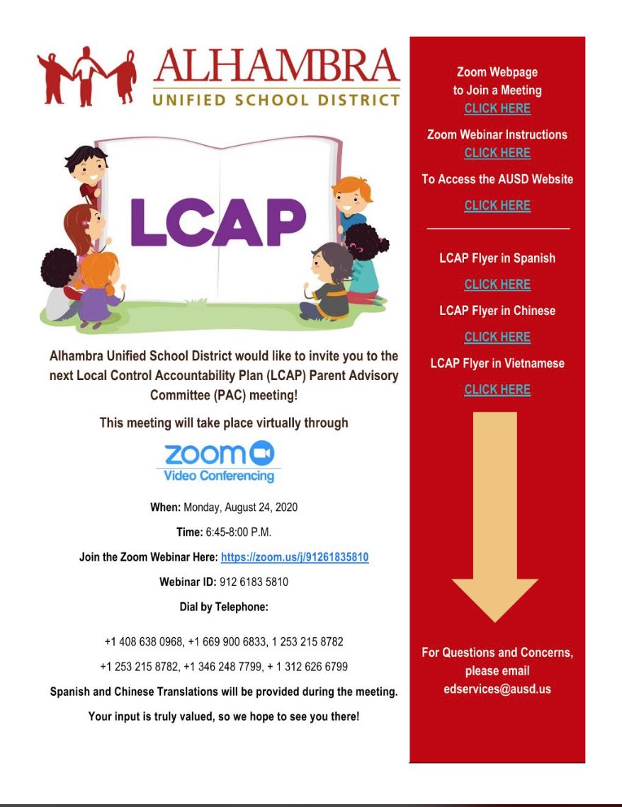alhambrausd's tweet photo. Please join us at 6:45-8:00 pm on Aug 24, 2020, for our next Local Control Accountability Plan (LCAP) Parent Advisory Committee meeting. Translations available. Your input is truly valued https://t.co/hFcitTBKot