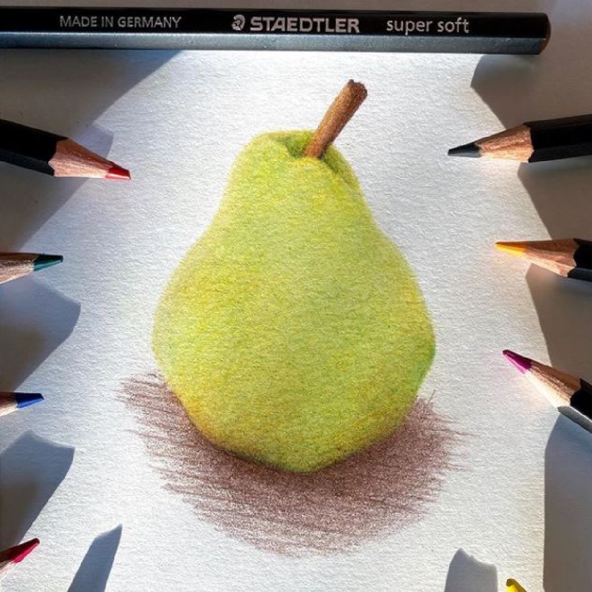 Find your inspiration, and tag 👉 #STAEDTLER_NA to be featured! Looking for a healthy snack? Check out how fb.staedtler.com/sunshinysamsam used STAEDTLER Super Soft Coloured Pencils to create this delicious pear drawing.