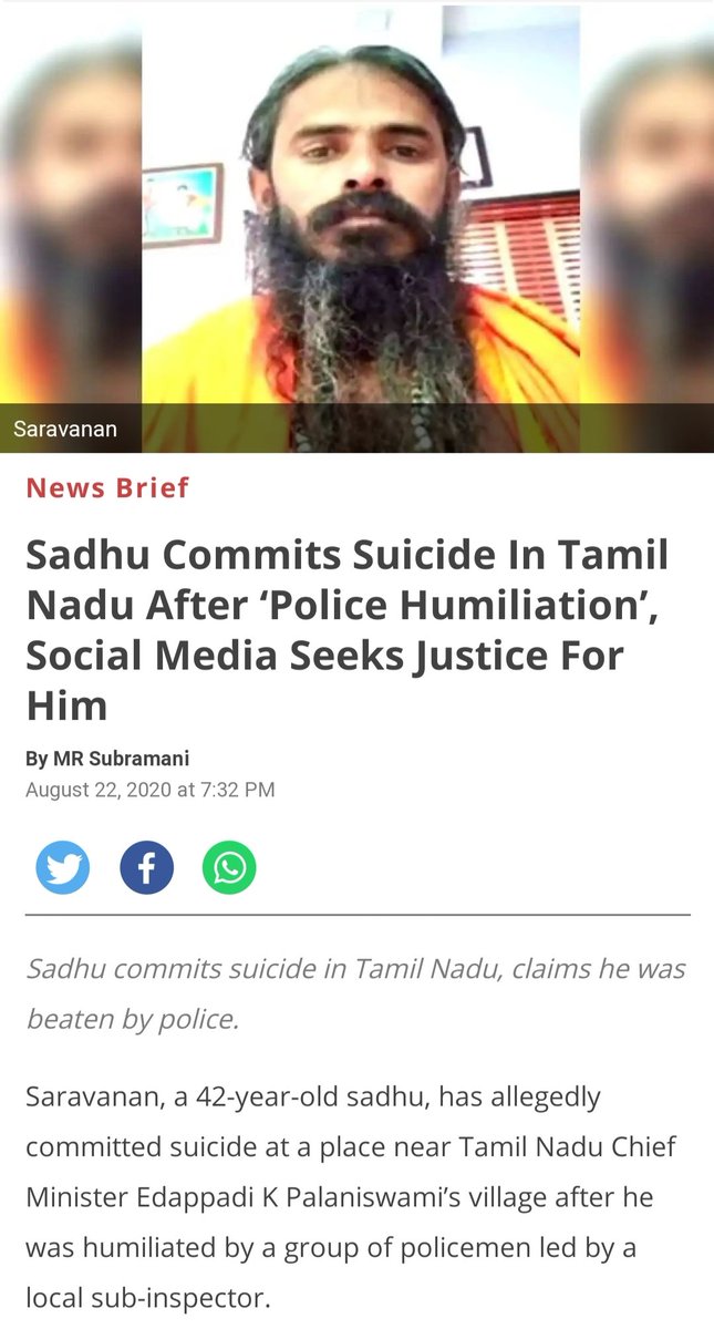 Sadhu forced to do Suicide in Tamil Nadu.
In Tamil Nadu, Sadhu committed suicide due to continuous Torture by local sub-inspector ANTHONY MICHAEL but Liberals will pretend as if nothing has happened. 

And if we will talk about it, then we are hate monger!!
#JusticeForSadhus