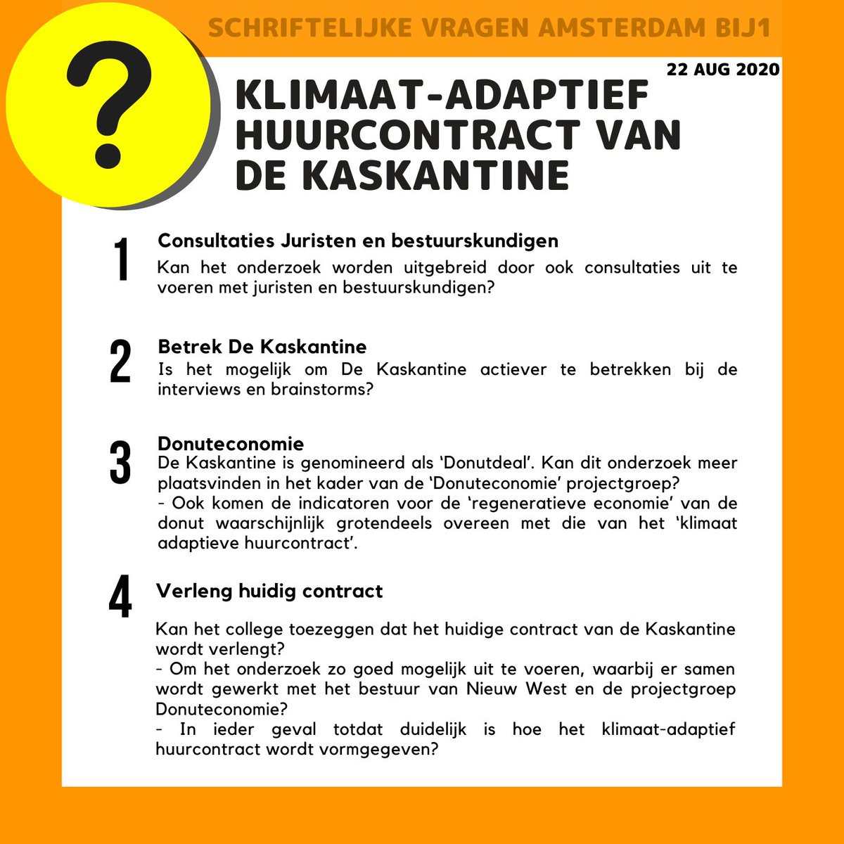 AmsterdamBIJ1's tweet photo. We hebben gisteren schriftelijke vragen ingediend over het klimaat-adaptief huurcontract voor De Kaskantine. Al op 19 december hebben we een motie ingediend met de leden Groen, Timman, N.T. Bakker, Van Lammeren, Ceder en De Heer. > #Donutmodel #Kaskantine #SocialeOndernemers https://t.co/ICnScvDW6F