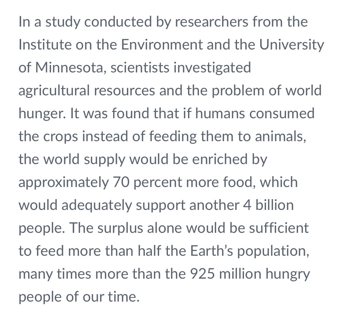 scientists out of the university of Minnesota’s environmental institution found these conclusions regarding world hunger & first world nation’s current demand for unlimited animal products: