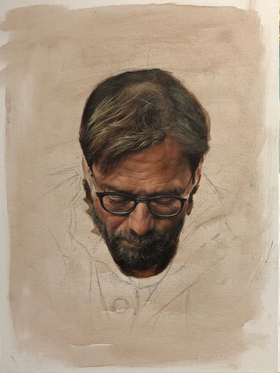Been working on this off and on for the last 2.5 months. Finally, the hair is almost finished. Not much more to go now...I hope. #oilpainting #Klopp #LFC