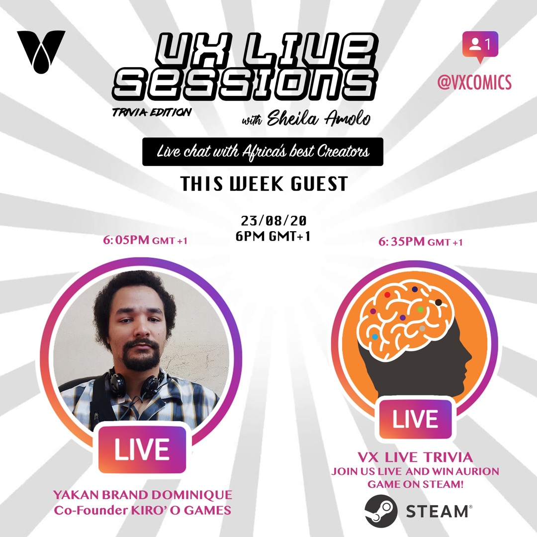 vxcomics_ea's tweet photo. Hi there. We're going live at 8PM (in 20 minutes) on @vxcomics Instagram Live. I'll be interviewing the man behind Africa's first RPG: #AURION and there will be a trivia right after with Steam codes to be won so you can give the game a try. Please watch 😊 #VXLiveSessions https://t.co/5UwLboxnOz