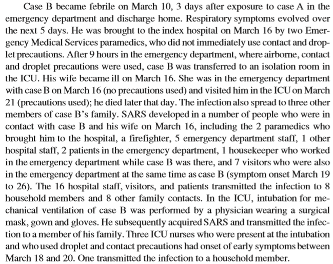 In Canada, SARS spread through an ER including 7 people who just happened to be there.Note last line, HCW who used droplet precautions still got sick.