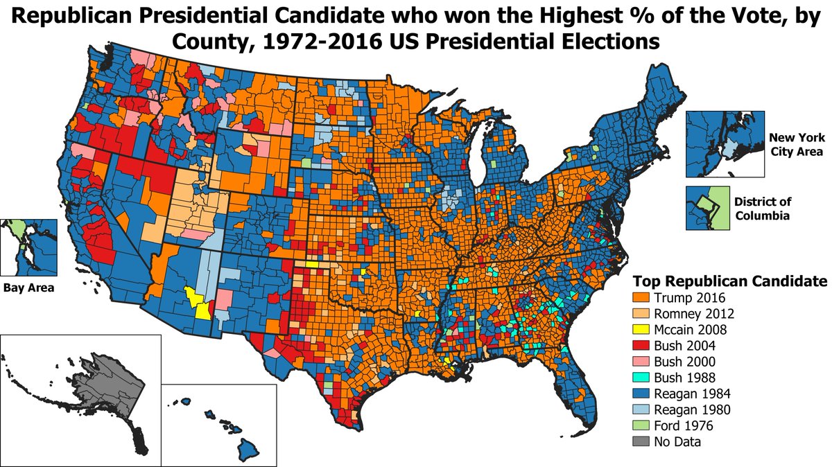 If we take out Nixon's 1972 win and start the clock at 1976, the map becomes more evenly divided between Trump's 2016 win & Reagan's landslide win in 1984. Trump was strong in rural areas, while Reagan tended to do better in more urban & liberal areas, the West, & the North-East.