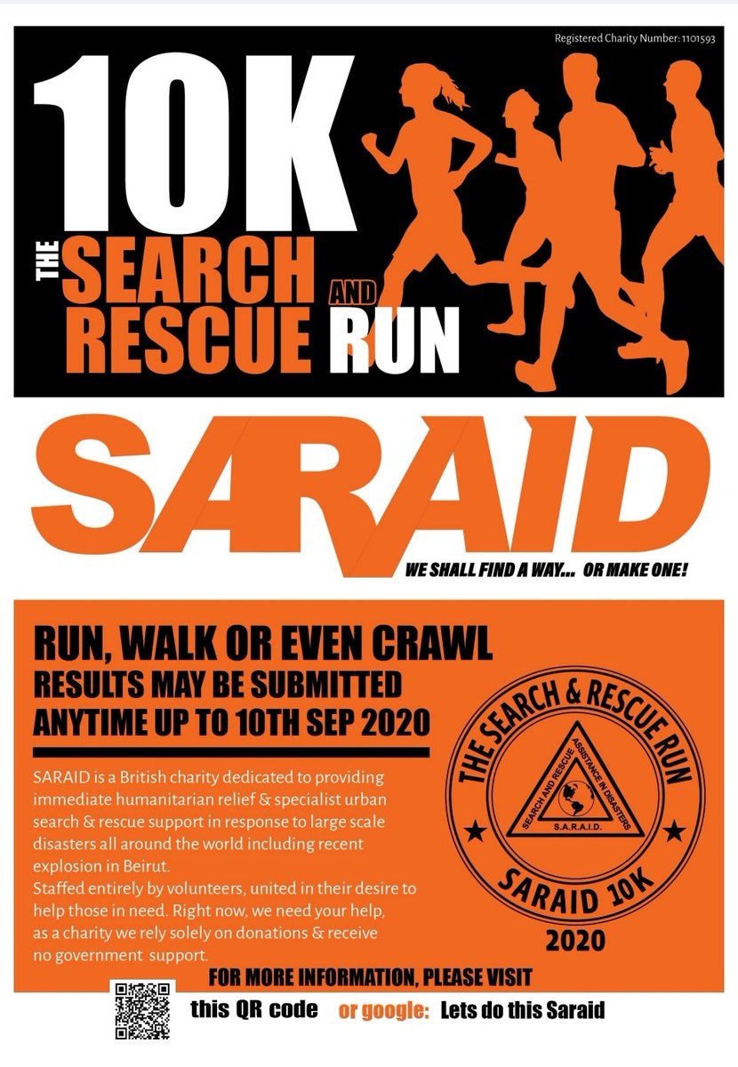 Shame I can't run as a social occasion these days, but anyone fancy joining me in spirit for a run to support @team_saraid who have just returned from supporting the Beirut disaster? There's a cool t-shirt in it for if further incentive is needed...