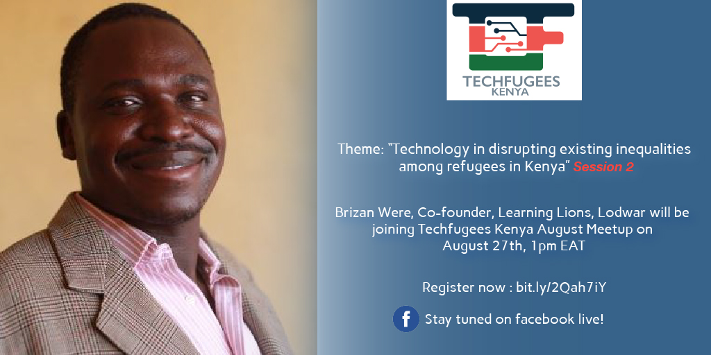 Techfugees Kenya (@techfugeesk) on Twitter photo We are excited to kick start the week on a high note with speaker announcements for our TF Kenya August Meetup. Innocent Tshilombo <a href="/KakumaVentures/">Kakuma Ventures</a> & Brizan Were <a href="/learning_lions/">Learning Lions</a> will be joining us on August 27th, 1pm EAT. #Refugeesvoices Register now bit.ly/2Qah7iY We are excited to kick start the week on a high note with speaker announcements for our TF Kenya August Meetup. Innocent Tshilombo <a href="/KakumaVentures/">Kakuma Ventures</a> & Brizan Were <a href="/learning_lions/">Learning Lions</a> will be joining us on August 27th, 1pm EAT. #Refugeesvoices Register now bit.ly/2Qah7iY