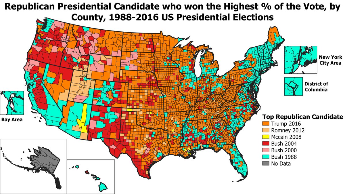 If we take out BOTH Nixon's landslide AND Reagan's landslide, starting the clock at 1988, then Trump gets the top GOP % in most counties. George HW Bush in 1988 sets the record in many liberal/urban areas, while George W Bush did very well in many Hispanic & farming areas in 2004