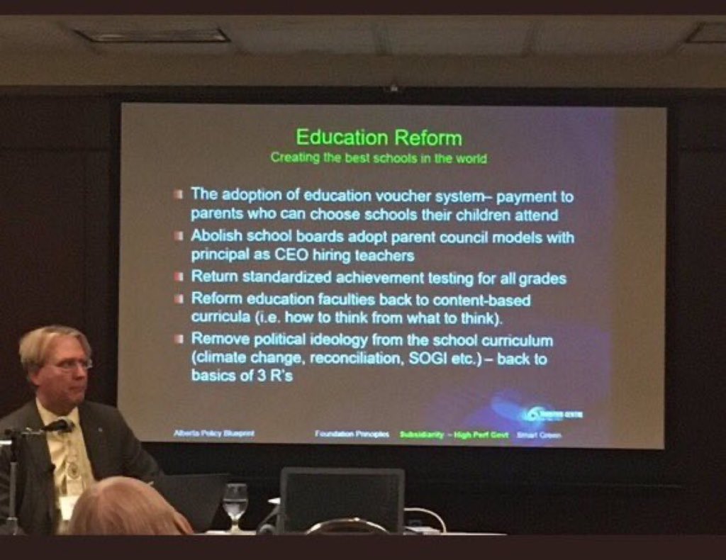 2/xYet in 2019, a conference called the FreedomTalk was held in AB. Speakers included Western separatists, climate change deniers, & a talk about education that discusses reconciliation, climate change and SOGI as ideologies that need to be removed from curriculum.  #ABEd  #ableg