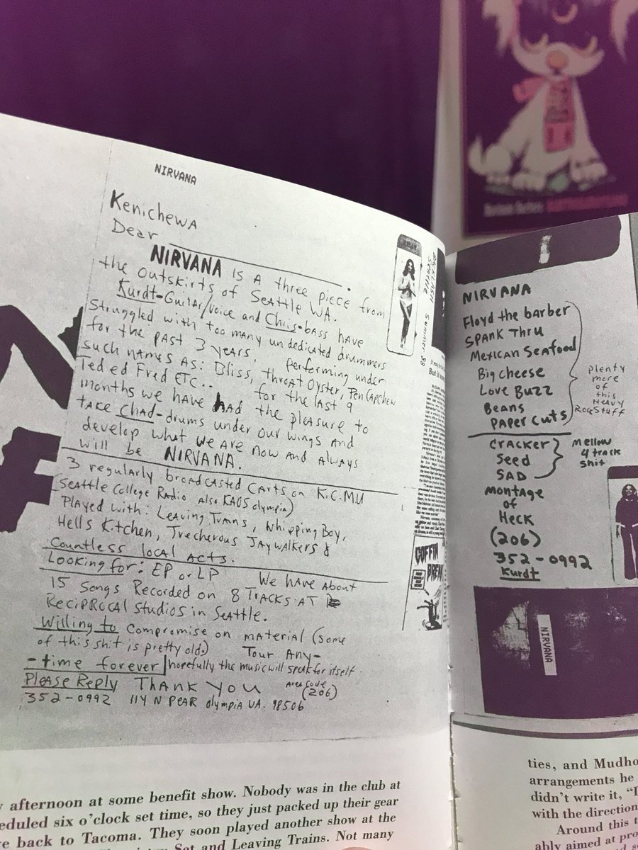 @eugeneSrobinson Hi Eugene! There's a repro of a '88-era letter + accompanying demo tape in Michael Azerrad's book, #ComeAsYouAreTheStoryOfNirvana, where Kurt Cobain lists Whipping Boy among the bands that Nirvana had previously performed with - any idea when/where this happened?