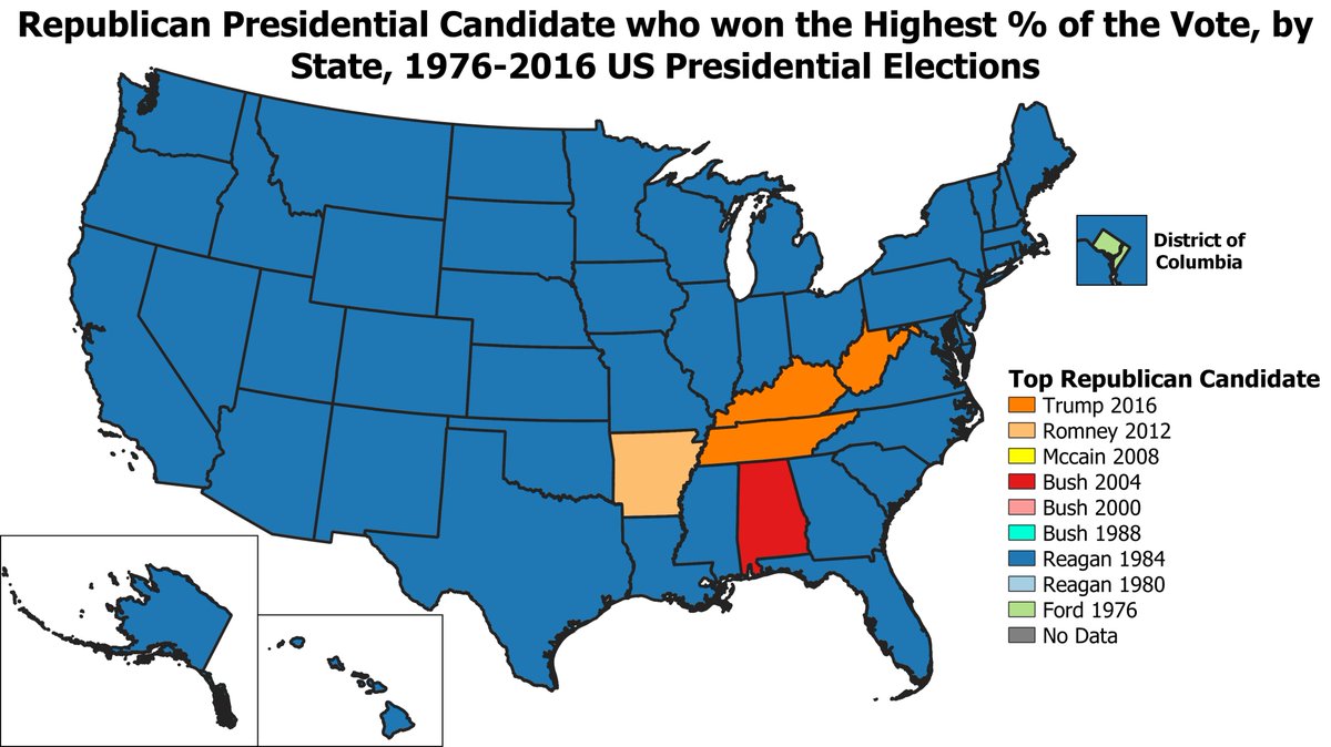 After taking out Nixon's 1972 landslide, the highest GOP % by state mostly goes to Reagan in 1984, who set the GOP record in 45 of 50 states. Ford in 1976 set the GOP record in DC, Bush in 2004 in AL, Romney in AR (both Romney & Trump got 60.57% in AR), & Trump in TN, KY, & WV.