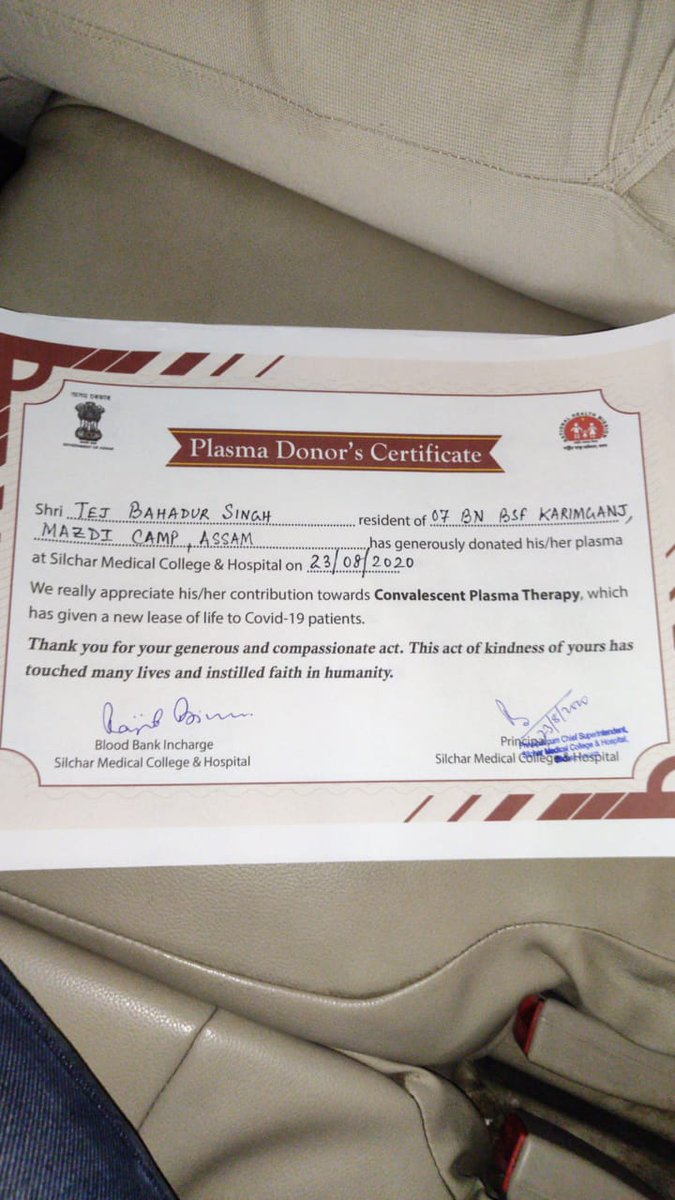 BSF_MizoramCach's tweet photo. On 23rd Aug 2020, total 02 #BSF Person of 07Bn BSF, Ftr HQ M&C voluntarily donated Convalescent Plasma at SMCH, Silchar to serve the people of Barak Valley, Assam.
#plasmadonors
#Corona_warriors
#First_Line_of_Defence
#medicalaid https://t.co/dCBa1PAGOy
