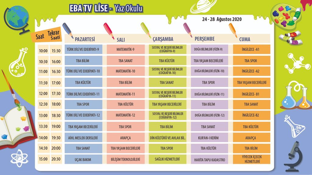 📺TRT EBA TV

☀️Yaz Okulu’nda Bu Hafta

Öğrenci, öğretmen ve velilerimiz için yeni haftanın ders programı hazır 📝🤸🏾🧑🏻‍🔬🧑🏻‍💻

İşte, yeni haftanın yayın akışı. Herkesi derslere bekliyoruz.

🗓24-28 Ağustos 2020
<a href="/tcmeb/">Millî Eğitim Bakanlığı</a> <a href="/safran1958/">Mustafa SAFRAN</a> <a href="/Murat69_Demir/">Murat Demir</a>