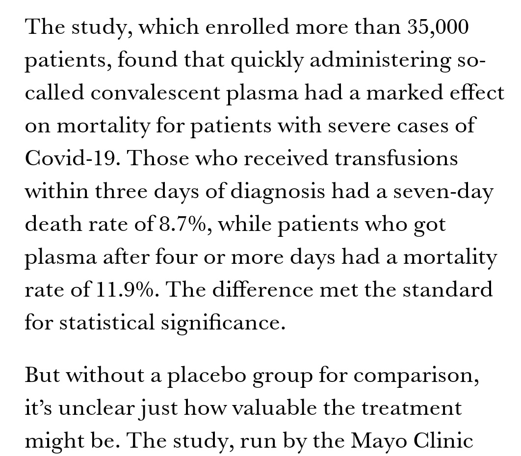 This appears to be the data  @SteveFDA was citing, but unable to understand. A plasma study (with no comparison group) found the treatment reduced the 7-day death rate from 11.9% to 8.7% – which Hahn interpreted to mean that 35 in 100 lives would be saved! h/t  @taylorcyoung