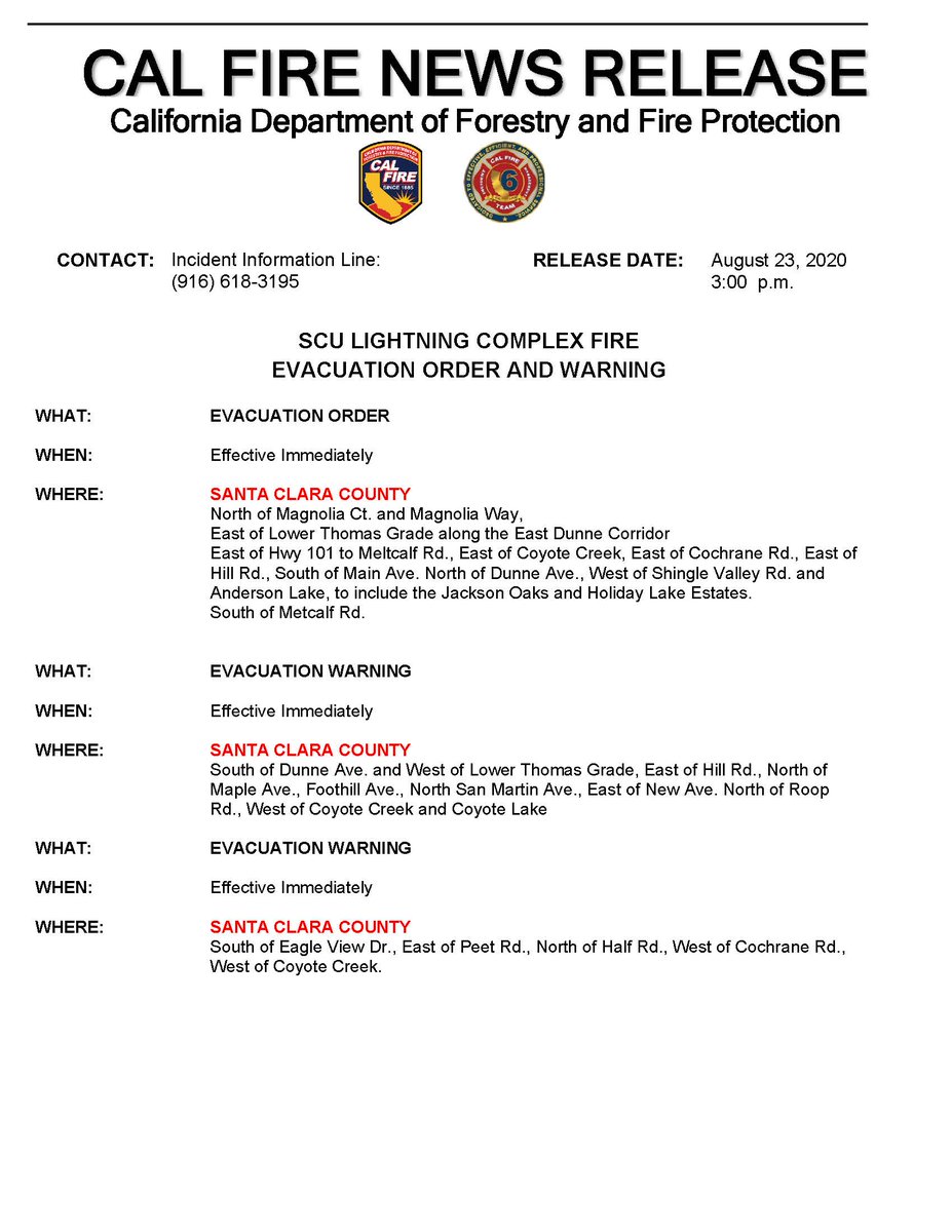 CAL_FIRE's tweet image. #SCULightningComplex | FIRE EVACUATION ORDER AND WARNING