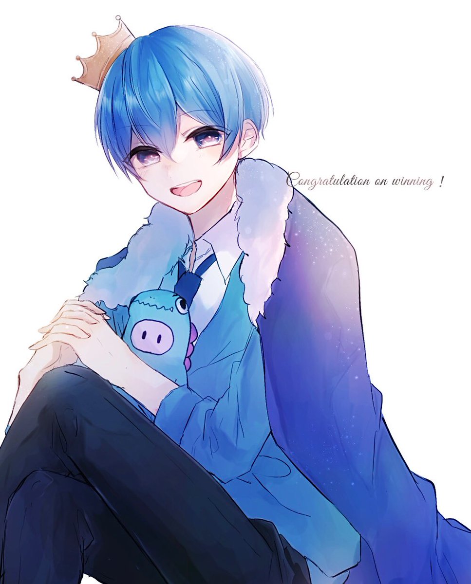 1boy crown male focus blue hair smile white background necktie  illustration images