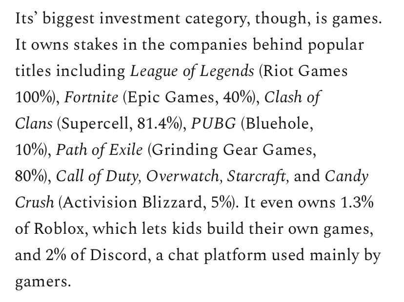 Its biggest international investment category is games. At $5.5 bn, it does more gaming revenue than anyone in the world, without counting the revenue from most of its game investments, the ones of which it owns <50%.It owns so many of the world’s major titles.