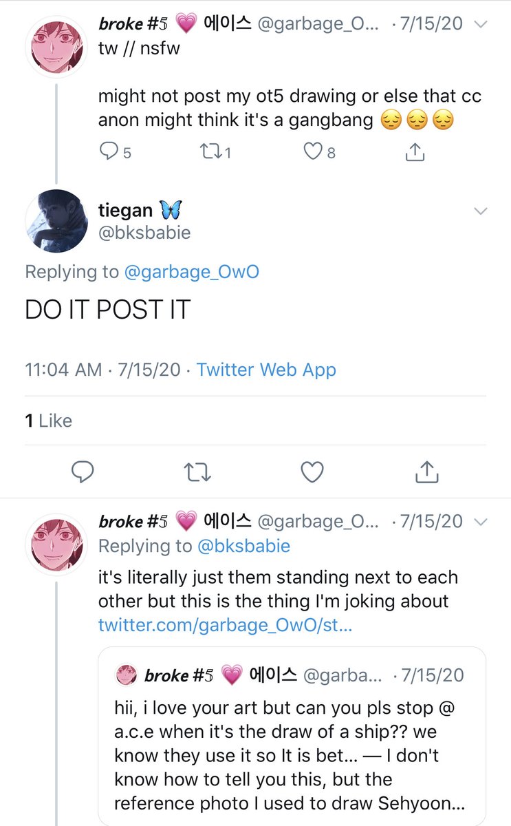 tw nsfw^^ same thing. tiegan is 21, op is 15. this is just generally really weird to tell a child to post nsfw (when it's not even nsfw) with great enthusiasm. ??> tiegan did not know op was joking about the "gangbang" , which makes it worse