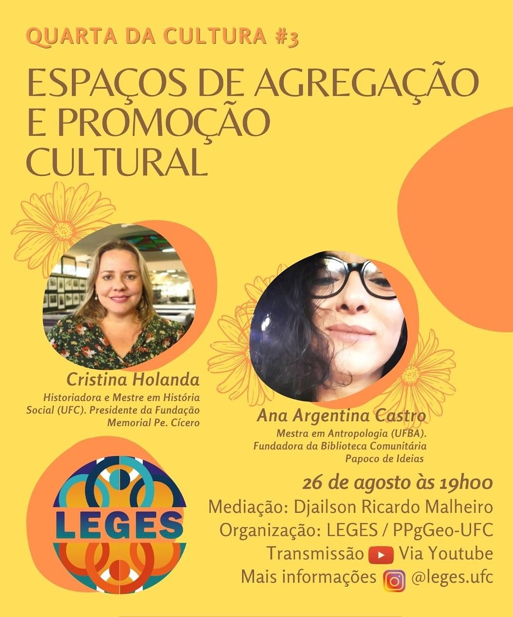 RedeOppala's tweet photo. 📢Na próxima #QuartadaCultura (26/08/2020) são duas convidadas especiais para debater os "Espaços de de agregação e promoção cultural" 🌻
📍Cristina Holanda📍Ana Argentina Castro 
A transmissão será através do Yotube do LEGES. 
#LEGES #OPPALA #AmericaLatina #Cultura #Patrimonio https://t.co/YzSDJzh1AM