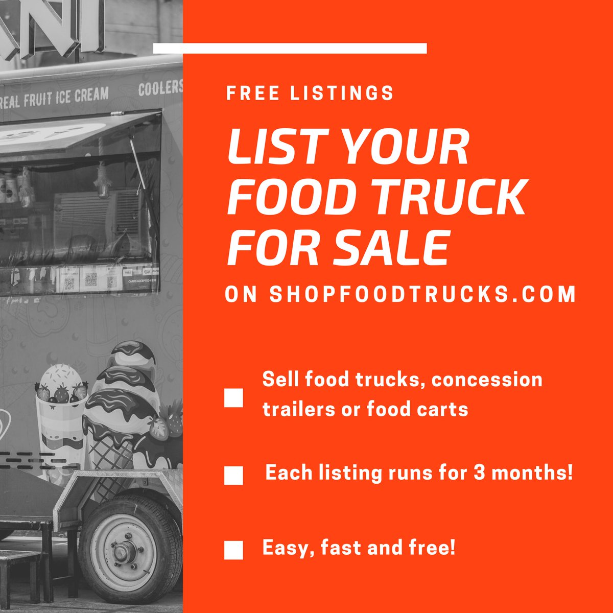 Selling a food truck, concession trailer or food cart ? Sell it on ShopFoodTrucks.com.  It’s FREE! 
Just sign up, create an account, upload up to five pictures and one video and your listing will be active for three months! 

#foodtrucksforsale #foodcarts #concessiontrailers