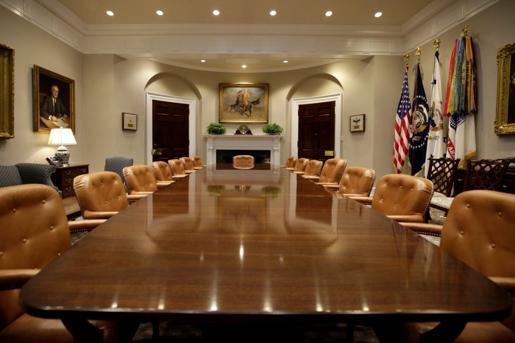 The Roosevelt room is often featured filled with press. Yes that painting is of the 26th U.S. President, Teddy Roosevelt