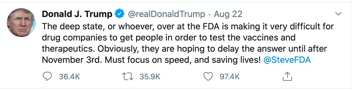 5. It's even worse than this. There is no breakthrough and the  @US_FDA commissioner  @SteveFDA has caved to Trump's pressure (including yesterday's tweet) to promote it as if there was one.  @statnews  @NicholasFlorko https://www.statnews.com/2020/08/23/fda-under-pressure-from-trump-expected-to-authorize-blood-plasma-as-covid-19-treatment/?utm_content=buffer405b9&utm_medium=social&utm_source=twitter&utm_campaign=twitter_organic