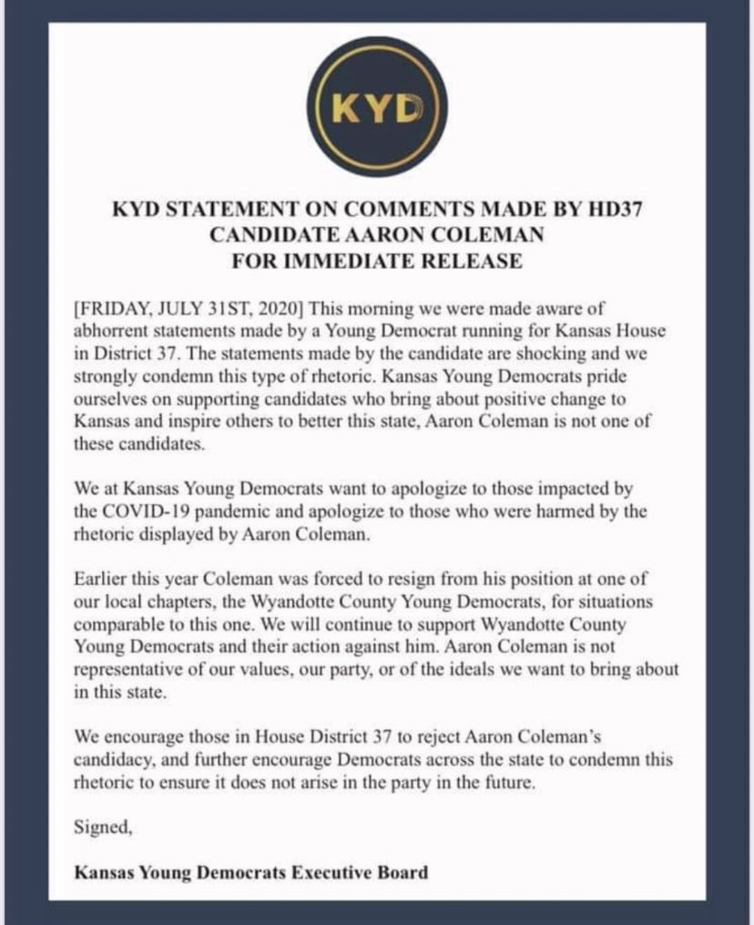 Thank you to the Kansas Young Democrats for being one of the only organizations to call him out before the primary,