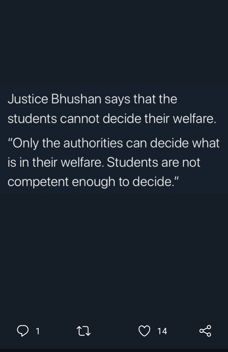 & Justice Bhushan says "Only the authorities can decide what is in the students' welfare. Students are not competent enough to decide." ... 11/14  @narendramodi #StudentLivesMatter  #CancelExams  #CancelExamsInCovid  #cancelfinalyearexams  #NoExamsInCovid