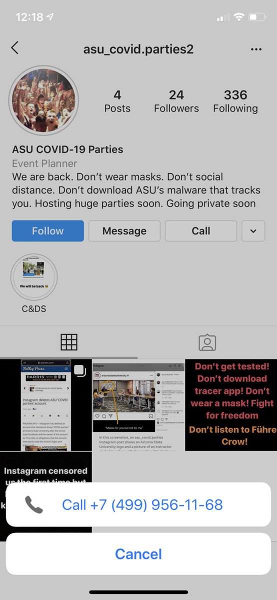 Also there were similarly named accounts like the ASU one in multiple cities and college campuses, not sure if they got deleted by Instagram too. This just popped up today tho. Check the number that pops up when you press “call.”