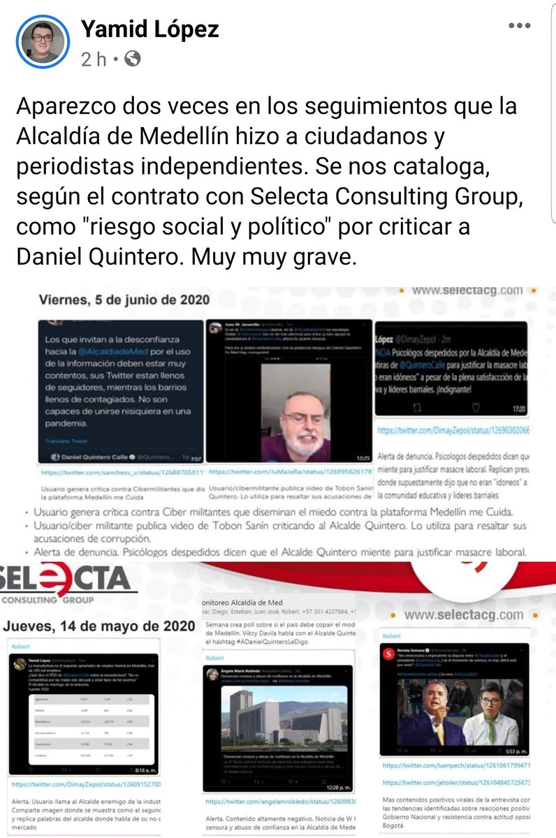 VictorJCorreaV's tweet photo. A Yamid Lopez compañero de luchas lo perfilan peligrosamente desde la alcaldía de Medellín como de riesgo social y político por ejercer sus derechos ciudadanos al control y a la oposición, es el colmo y muy grave el autoritarismo del falso alternativo Daniel Quintero. https://t.co/NwCVZa0LUF