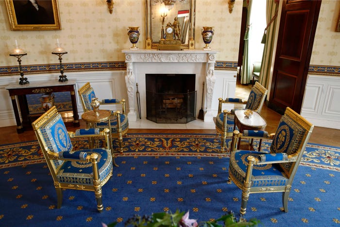 The blue room is often seen for formal photographs and press conferences. I LOVE this room.