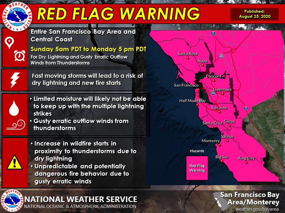 A Red Flag Warning has been issued by the National Weather Service for Sun., 8- 23 at 5 am, through Mon., 8-24, at 5 pm.

El Servicio Meteorológico Nacional ha emitido una advertencia roja para el domingo 23 de agosto a las 5 a.m. hasta el lunes 24 de agosto de 2020 a las 5 p.m.