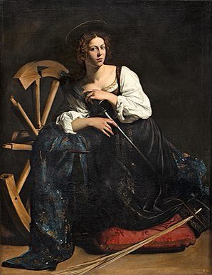 Fillide posed for him several times. She was the model for (left to right) Portrait of a Courtesan, as Saint Catherine, Mary in Martha and Mary Magdalene, and, of course, as Judith in Judith Beheading Holofernes.