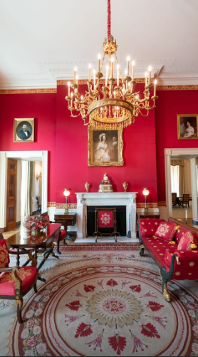 Furnished in the Empire style, the Red Room contains several pieces of furniture from the New York workshop of the French-born cabinetmaker Charles-Honoré Lannuier. Dolly Madison favored the room for entertaining ladies.