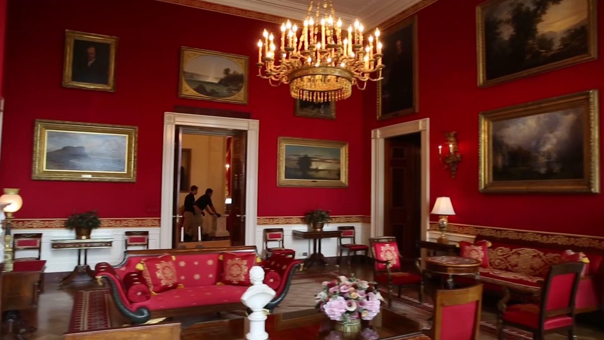 Furnished in the Empire style, the Red Room contains several pieces of furniture from the New York workshop of the French-born cabinetmaker Charles-Honoré Lannuier. Dolly Madison favored the room for entertaining ladies.