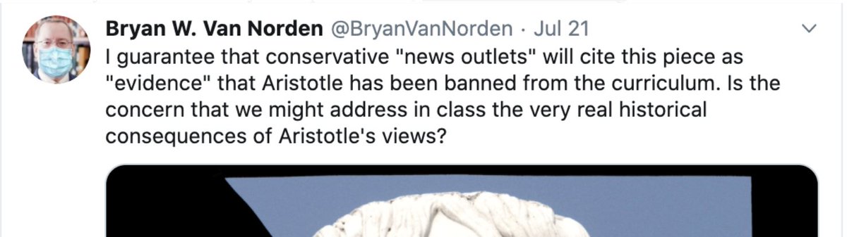 I also explained that there is no movement afoot to ban Aristotle from the curriculum, and warned (in a tweet) that conservative journals would soon use Callard's essay as an excuse to feign outrage over this imaginary anti-Aristotle campaign...3/7