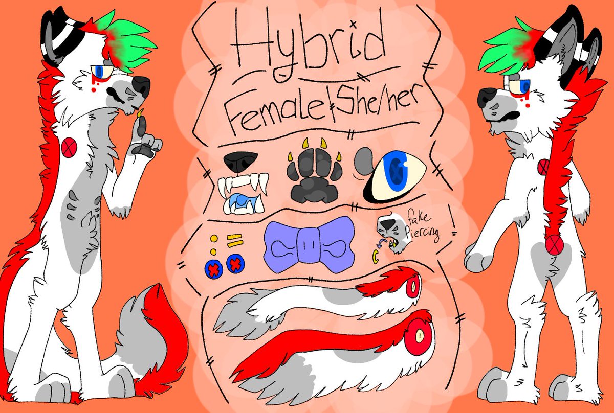 These are my main sonas!Hybrid is a wolf hyena,,, winged,,, thing. Her design is a whole mess but that's why I love her.HoneyBeast (Honey) is a cat-dog hybrid! Not related to Hybrid in anyway but you get what I mean here.