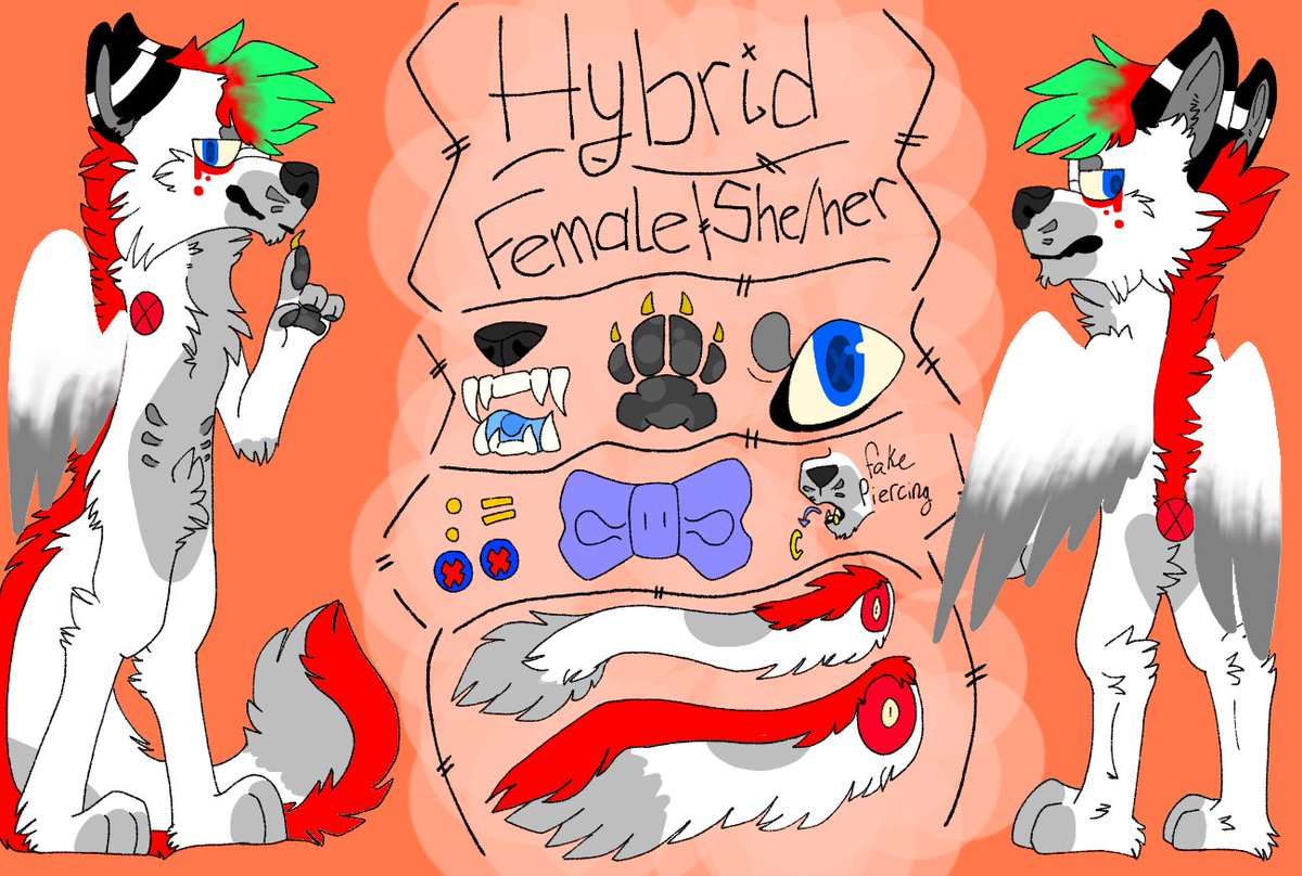 These are my main sonas!Hybrid is a wolf hyena,,, winged,,, thing. Her design is a whole mess but that's why I love her.HoneyBeast (Honey) is a cat-dog hybrid! Not related to Hybrid in anyway but you get what I mean here.