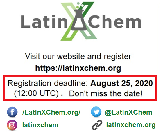 IntlYoungerChem's tweet photo. This Tuesday (25/08/2020) the registration deadline for the  LatinXChem, a virtual forum through which the community of Latin American chemists can share and discuss their research results and advances, is approaching.
#YoungChemists
Register your poster: 
https://t.co/HsPriuS08E https://t.co/gnwqUMzIZr