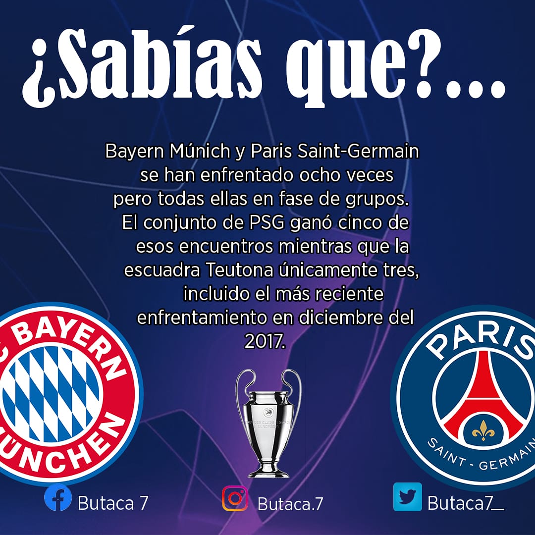 Butaca7_'s tweet photo. Arranca la parte completaría en la #FinalCL ⚽🔥
#BayernMunich vs #PSG 
Conoce un dato importante en el historial de estos encuentros en nuestro #SabiasQue...

#Butaca7 #UEFAChampionsLeague2020 https://t.co/Rl7z0HYvvL