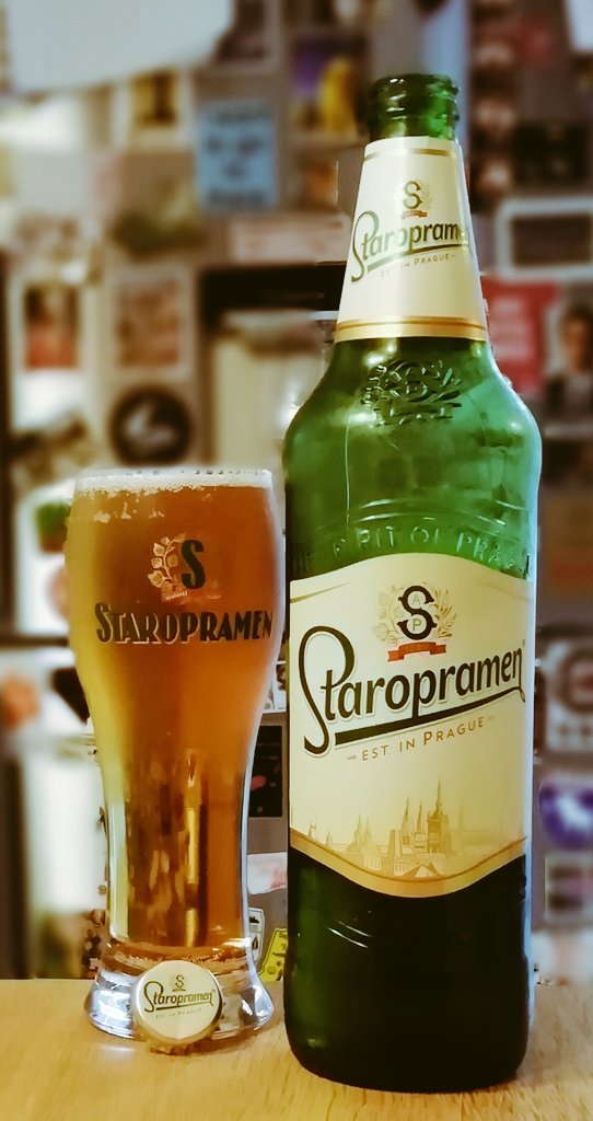 Staropramen provides another quickly fading head; grassy aroma; grainy malty body with some bitterness. On a 3 for £5 with two other big bottle beers which will follow in due course.