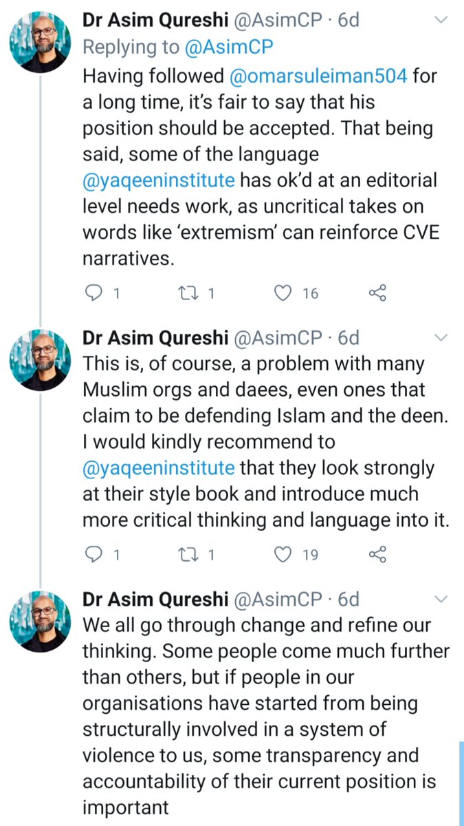 36. Perhaps one finds confidence in @AsimQuesrhi's (Director at  @UK_Cage) comment where AQ accepts OS's assurances - but not without offering valuable criticism.AQ highlights the problematic language Yaqeen and other organisations use, and suggests they make improvements.