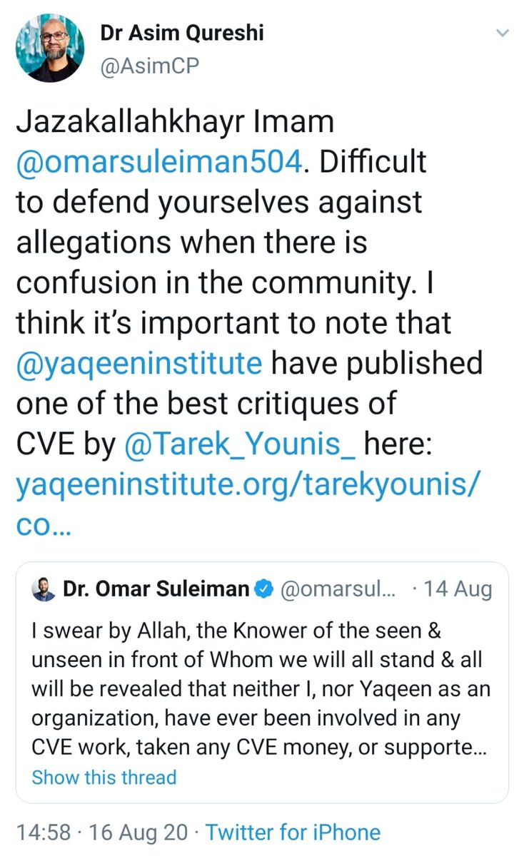 36. Perhaps one finds confidence in @AsimQuesrhi's (Director at  @UK_Cage) comment where AQ accepts OS's assurances - but not without offering valuable criticism.AQ highlights the problematic language Yaqeen and other organisations use, and suggests they make improvements.