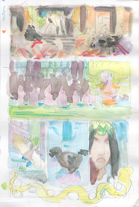 First 2 pages of Issue 05 of TARTARUS with the corresponding watercolor sketches I did to get the palettes, which was a new method I tried out in this issue. 