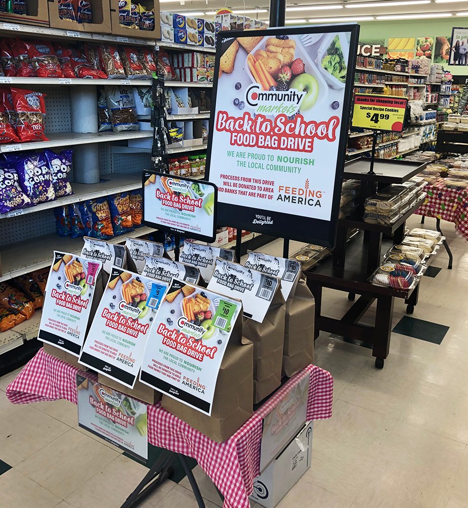 Look for the display at your local Community Market and support our Back To School Food Bag Drive.

Purchase a bag for $3, $5 or $10 and all proceeds will be donated to area food banks that are part of Feeding America

Community Markets is proud to nourish the local community.